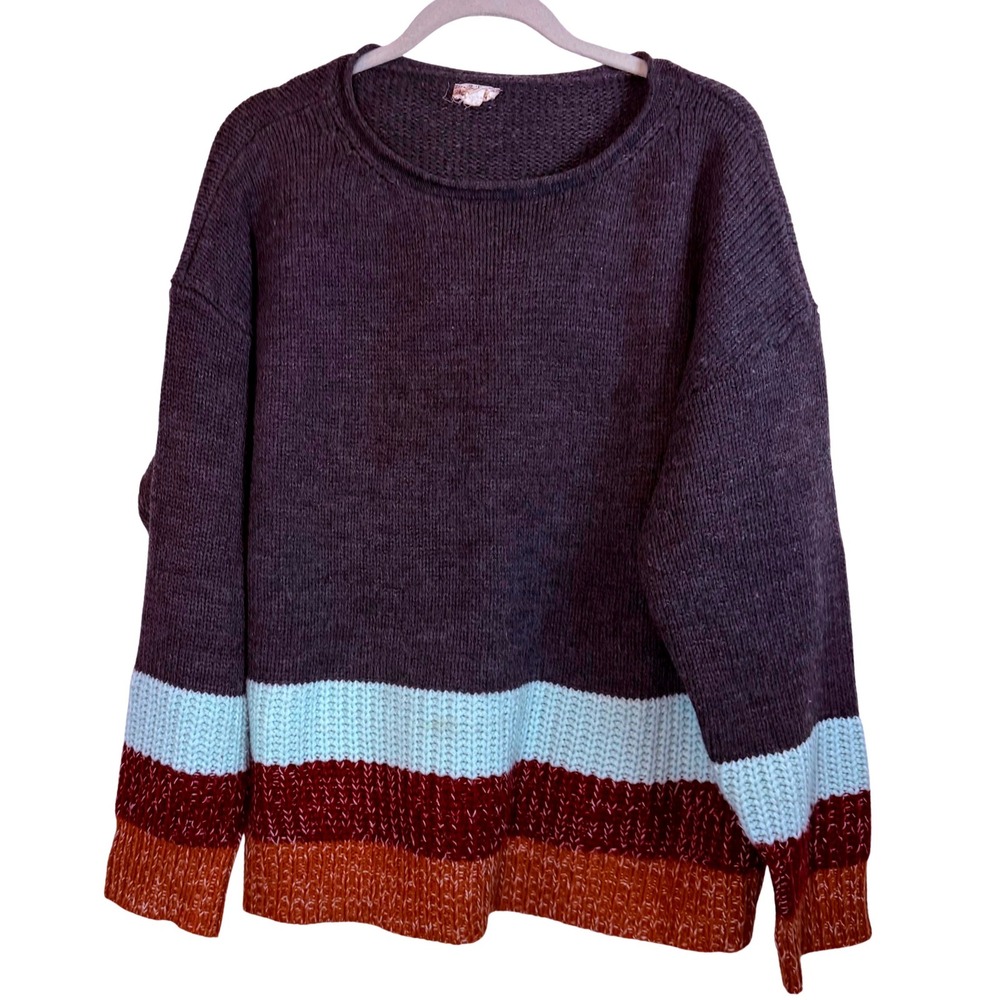 Hem & Thread Charcoal Grey Colorblock Striped Knit Sweater Large Boho Relax Fit‎
